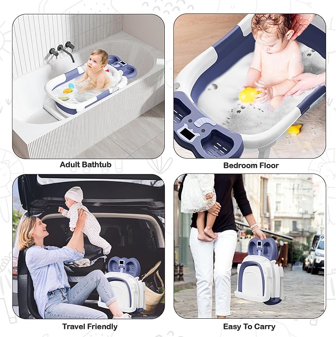 Collapsible Baby Bathtub,Baby Bath Tub with Soft Cushion & Thermometer,Baby Bathtub Newborn to Toddler 0-36 Months,Portable Travel Baby Tub-CubbioJoy