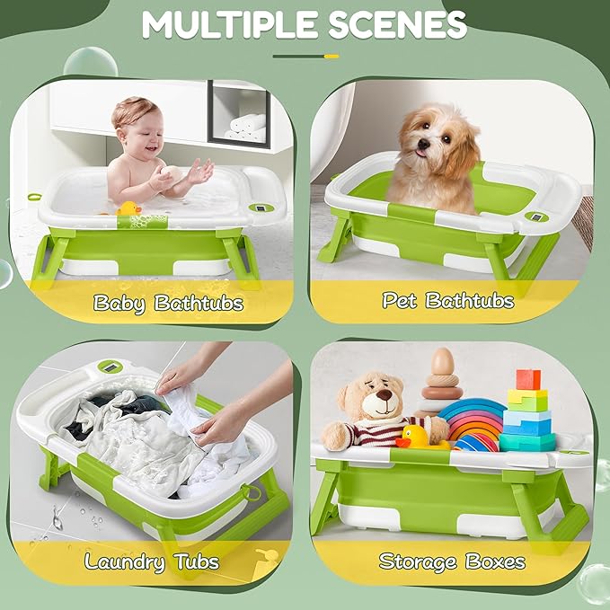 Collapsible Baby Bathtub,Baby Bath Tub with Thermometer & Soft Cushion,Baby Bathtub for Newborn to Toddler 0-36 Months,Portable Travel Baby Tub with No-Slip Feet,Baby Shower Gifts,Green-CubbioJoy