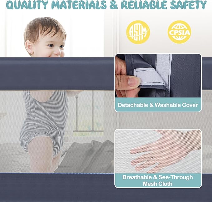 BABY JOY Bed Rails for Toddlers, Extra Long, Swing Down Safety Bed Guard for Convertible Crib, Folding Baby Bedrail for Kids Twin, Double, Full Size Queen & King Mattress (60-Inch, Dark Blue)-CubbioJoy