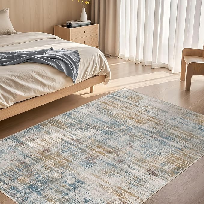 Area Rug for Living Room: 4x6 Washable Neutral Abstract Modern Soft Rugs Non Slip Indoor Floor Stain Resistant Carpet for Bedroom Dining Room Office Nursery - Blue Brown-CubbioJoy