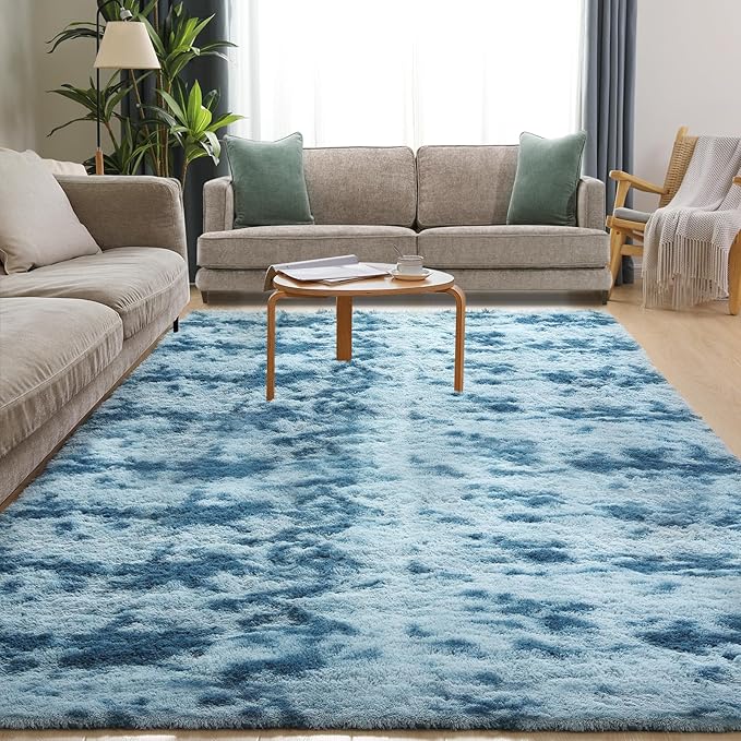 Area Rugs 8x10, Fluffy Rugs for Living Room, Ultra Soft Rugs for Bedroom, Non-Slip Indoor Carpet for Nursery, Kids Room, Playroom, Home Decor, Tie-Dyed Blue-CubbioJoy