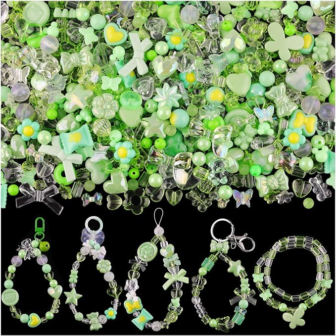 Assorted 170-230PCS Green Acrylic Beads for Bracelet Making, Flower Bow Butterfly Candy GummyBear Aesthetic Bracelet Charms,Cute Beads for Jewelry Making DIY Necklace Keychain Phone Charm-CubbioJoy