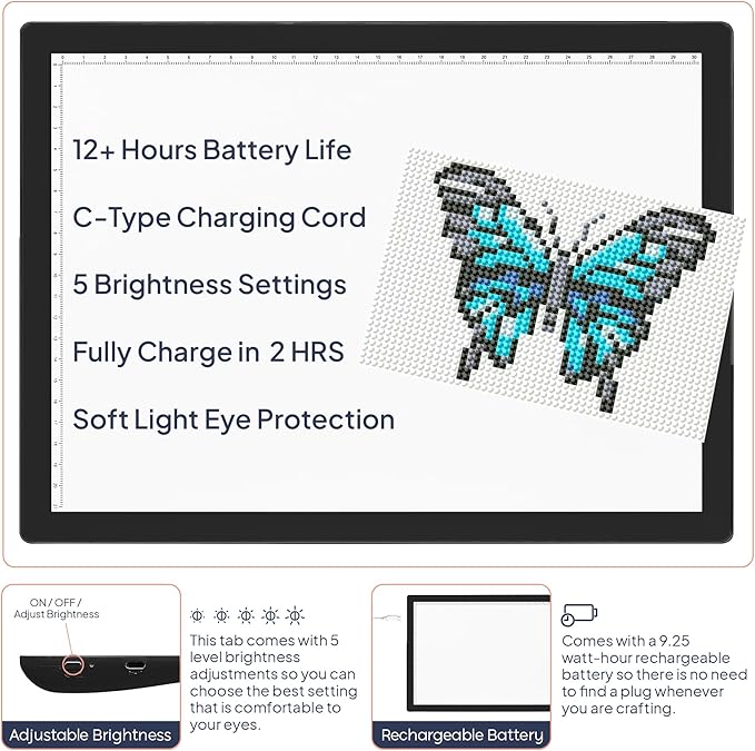 iVyne Rechargeable A4 Light Pad for Diamond Painting & Art Projects – LED Light Board with Diamond Art Accessories – Ultra-Thin & Portable Diamond Dot Light Board, Perfect for Artists - Black-CubbioJoy