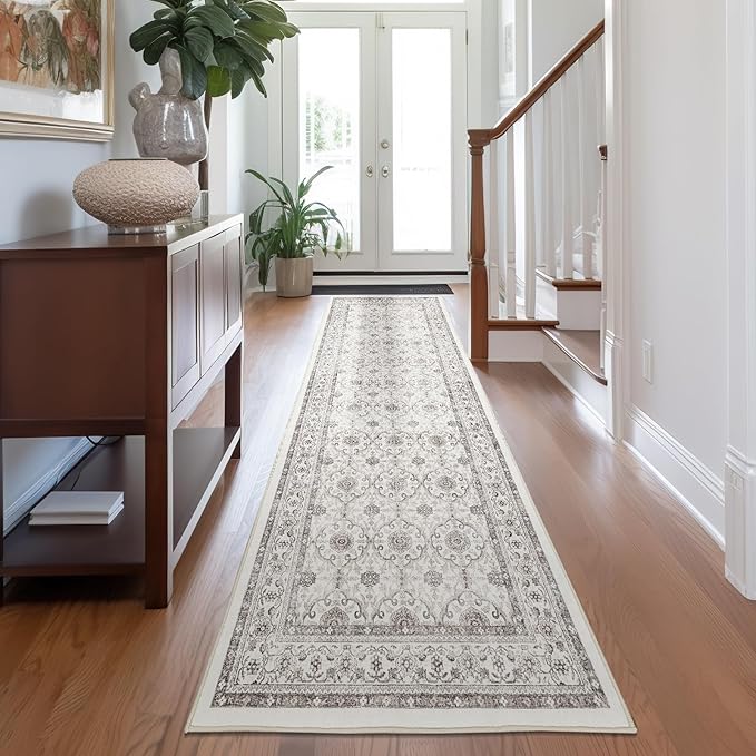 jinchan Hallway Runner Rug 3x7 - Machine Washable Beige Vintage Floral Distressed Design Soft Non-Slip Low-Pile Ultra-Thin Runner Rug for Kitchen Laundry Room Bedroom Farmhouse (3‘x7',Beige)-CubbioJoy