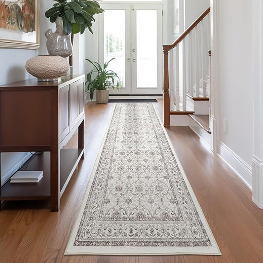 jinchan Hallway Runner Rug 3x7 - Machine Washable Beige Vintage Floral Distressed Design Soft Non-Slip Low-Pile Ultra-Thin Runner Rug for Kitchen Laundry Room Bedroom Farmhouse (3‘x7',Beige)-CubbioJoy