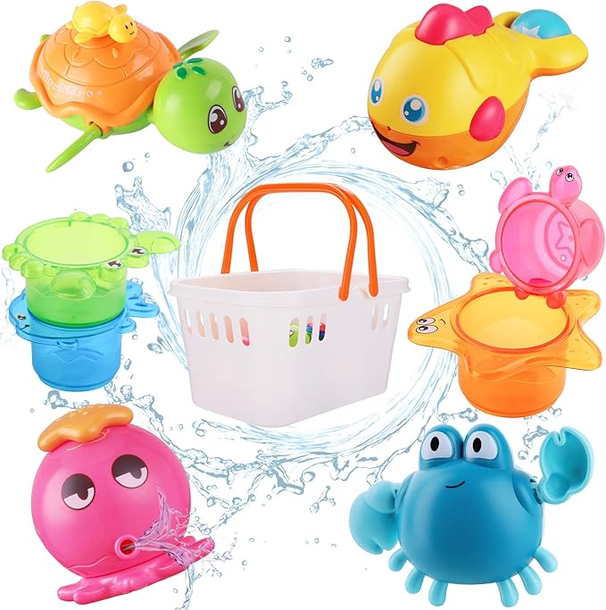 iPlay, iLearn Baby Bath Toys w/ Organizer, Water Squirting Octopus, Wind Up Swimming Turtle, Bathtub & Shower, Stacking Cups, Gift for 6, 9, 12, 18 Months 1, 2, 3 Years, Toddlers, Girls, Boys & Kids-CubbioJoy
