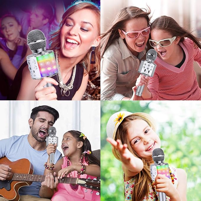 BlueFire 4 in 1 Karaoke Wireless Microphone with LED Lights, Portable Microphone for Kids, Great Gifts Toys for Kids, Girls, Boys and Adults (Silver)-CubbioJoy