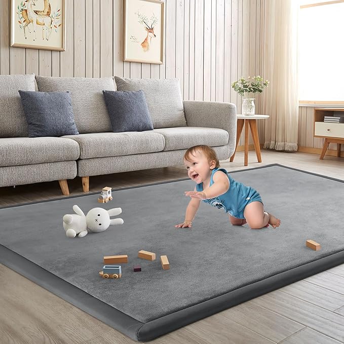 Baby Play Mat for Floor Tummy Time Mat Nursery Muscle Area Playroom Rug Tatami 79"x118" Memory Foam 1.3" Thick Crawling For Babies,Toddlers, Infants, Kids,Floor(Grey)-CubbioJoy