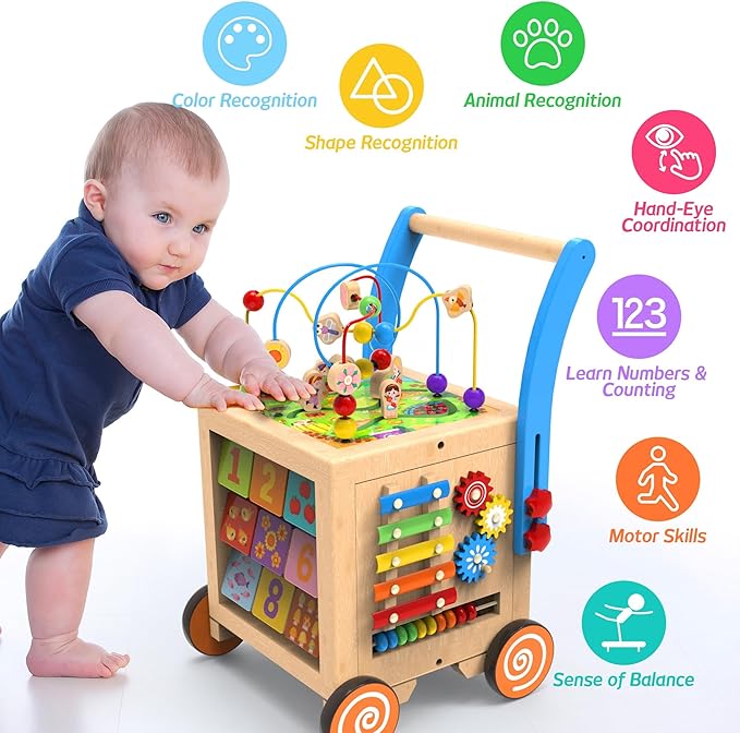9-in-1 Wooden Activity Cube | Wooden Baby Walker, Sit-to-Stand Learning Walker Activity Center, Early Educational Push & Pull Toys for Baby Toddler Boys Girls, Height & Brake Adjustable-CubbioJoy
