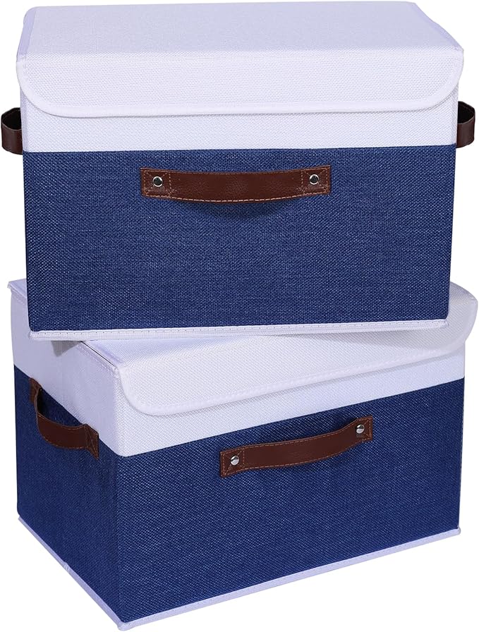 ANMINY 4PCS Storage Boxes with Lid Washable Decorative Storage Bin Basket with PU Leather Handle Foldable Linen Fabric Storage Cube Container for Home Closet Organizer - Deep Blue White, Large Size-CubbioJoy