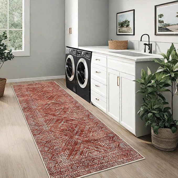 COZYLOOM 2x8 Rug Modern Indoor Area Rug Machine-Washable for Living Room or Bedroom Softness Foldable Carpet for Easy Storage Geometric Design Non Slip Rug Stain Resistant Carpet, Brick Red-CubbioJoy