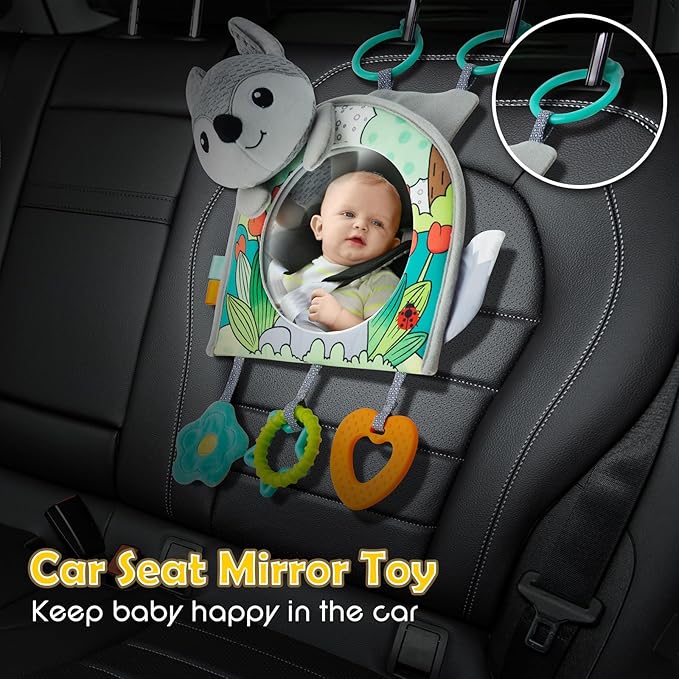 Car Seat Toy, Car Mirror for Baby, Baby Mirror for Car, Baby Car Mirror for Baby Rear Facing, Travel Baby Activity Center with Hanging Engaging Toys for infants Babies 0-6-12-18 Months Boy Girl-CubbioJoy