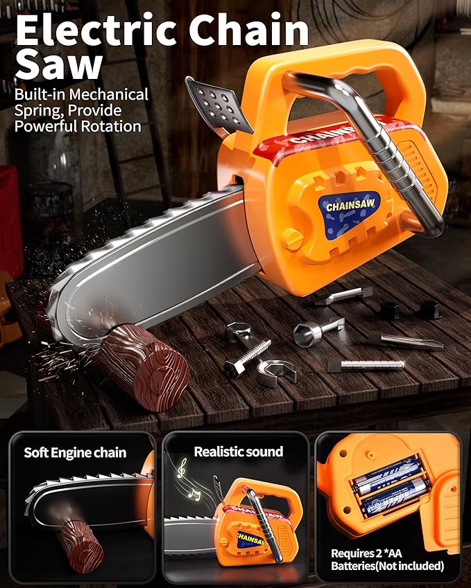 Deejoy 54Pcs Large Kids Tool Set with Electric Saw & Electronic Toy Drill, Pretend Play Kids Construction Set for Toddler 3-5 Years Old, Toddler Boy Toys-Orange-CubbioJoy