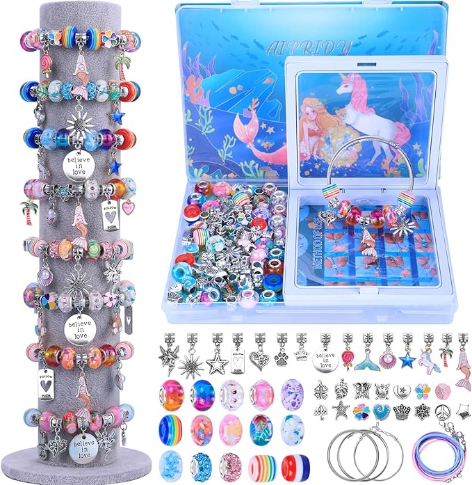 AIPRIDY Charm Bracelet Making Kit,Unicorn Mermaid Crafts Gifts Set Can Inspires Imagination and Creativity,Jewelry Making Kit Perfect Gifts for Girls 5-12 Years Old(72 Pieces Mermaid Aqua)-CubbioJoy