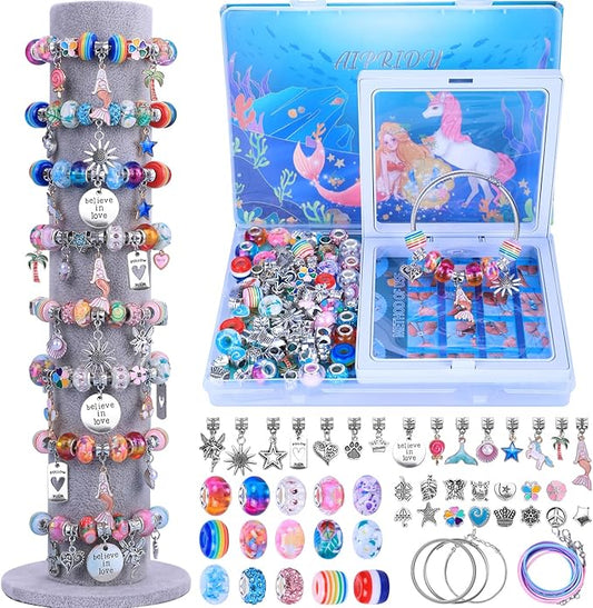 AIPRIDY Charm Bracelet Making Kit,Unicorn Mermaid Crafts Gifts Set Can Inspires Imagination and Creativity,Jewelry Making Kit Perfect Gifts for Girls 5-12 Years Old(72 Pieces Mermaid Aqua)-CubbioJoy