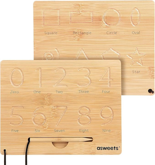 Asweets Montessori Wooden Number Practicing Board, Double-Sided Tracing Board and Shape RecognitionTool to Writing 123 Educational Toy Game for Preschool 3 4 5 Years Old Gifts-CubbioJoy