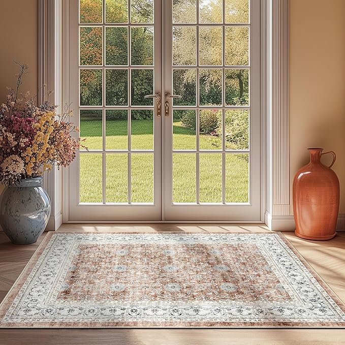 jinchan Washable Area Rug 3x5 Entryway Low Pile Boho Floral Print Rug Faux Wool Soft Indoor Doormat Stain Resistant Non-Slip Ultra-Thin Rug Kitchen Living Room Bedroom Dining Room Office Orange-CubbioJoy