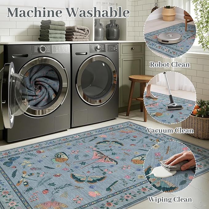 5x7 Washable Area Rug with Insect Print - Bug Rug Non-Shedding Stain Resistant Soft Carpet for Bedroom, Low Pile Ultra-Thin Machine Washable Carpet for Dining Room, Kids Nursery, Office (5'x7' Blue)-CubbioJoy