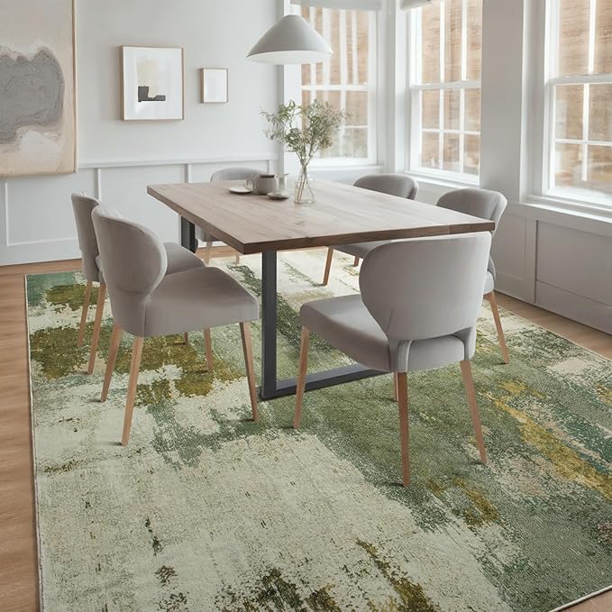 Kelarea Living Room Rug, 8x10 Rug Modern Abstract Washable Rugs Green Faux Wool Vintage Carpet, Non Slip Large Rugs for Bedroom, Dining Room, College Dorm, Home Office-CubbioJoy