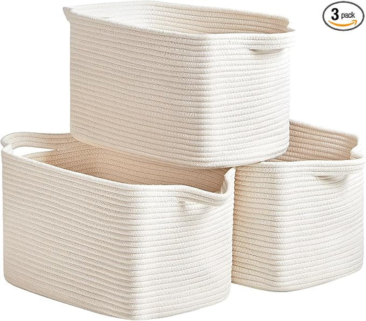 3 Packs Cotton Rope Woven Basket With Handles for Shelves -15"*10.2"*9.1"(White)-CubbioJoy