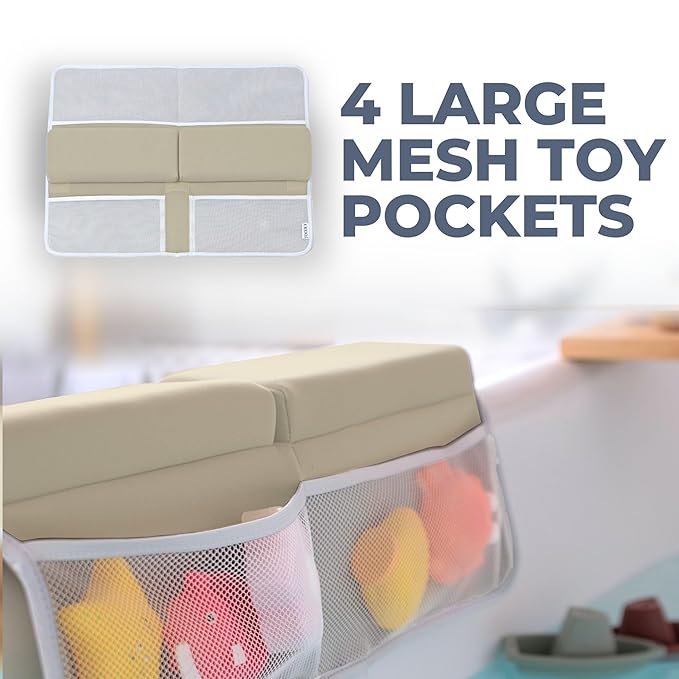 Comfortable Baby Bath Kneeler and Elbow Rest Pad Set – Thick Memory Foam Bath Kneeling Pad with Elbow Support – Baby Bathtub Cushion with Toy Organizer for Bathing Infant or Toddler - Beige-CubbioJoy