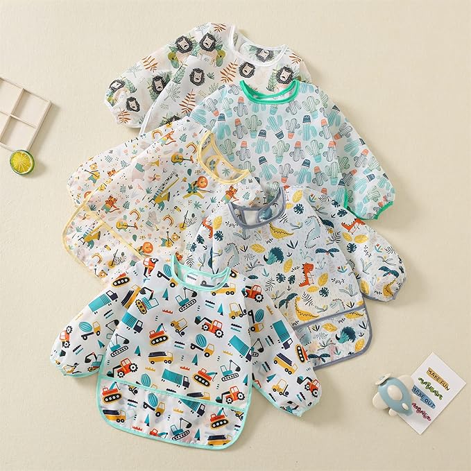 5 Pack Long Sleeve Bib,Baby Toddler Waterproof Sleeved Bib for 6-30 Months Reusable with Catch-all Pocket-CubbioJoy