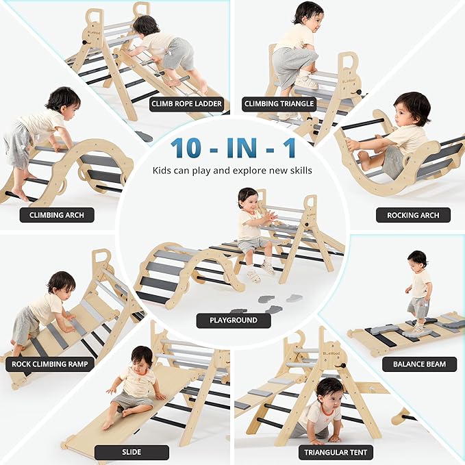 BlueWood 10-in-1 Pikler Triangle Set, Toddler Climbing Toys Indoor, Montessori Climber, Baby Jungle Gyms with Arch, Extra Rope Ladder & Footprint Balance Beam - Grey Twilight-CubbioJoy
