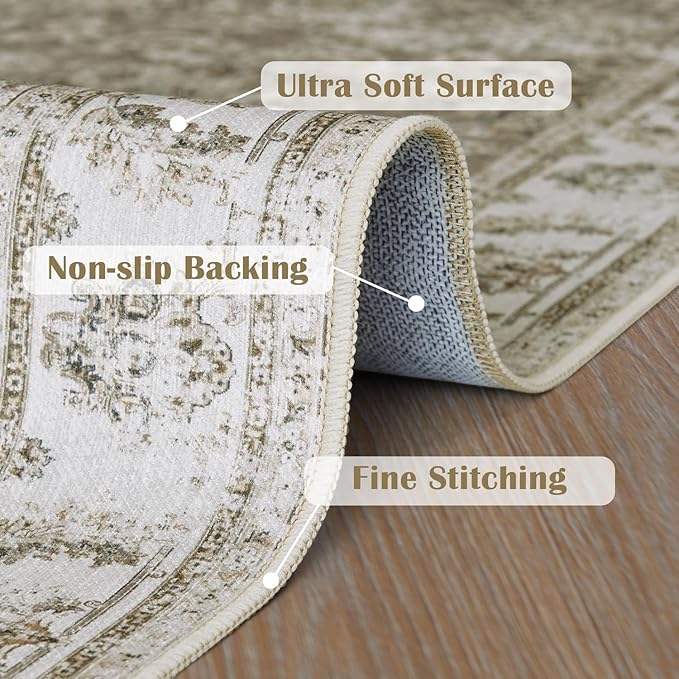 jinchan Runner Rug 3x8-2pcs Kitchen Washable Vintage Hallway Rug Floral Print Floor Cover Indoor Thin Retro Mat Accent for Bathroom Laundry Room Bedroom Office Farmhouse (Double,Taupe)-CubbioJoy