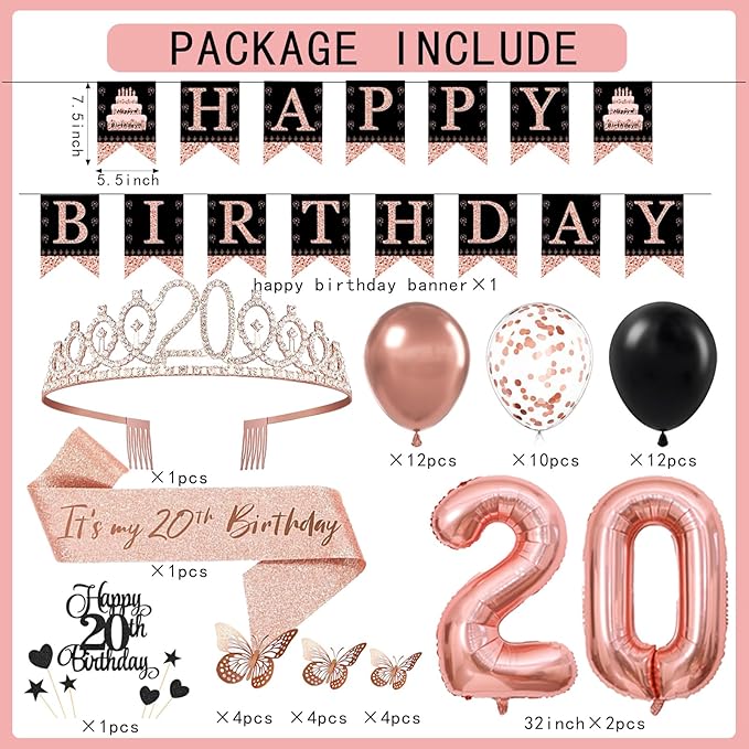 20th Birthday Decorations for Girls Women - 56pcs Rose Gold Happy 20th Banner, 20th Birthday Crown Sash, Cake Topper, Number 20 balloons, 3D Butterflies, 4 Balloon Stands kits-CubbioJoy