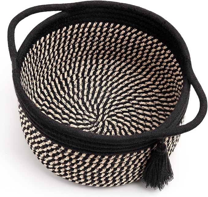 Decorative Small Gift Basket Empty – SweetMemo Cute Woven Rope Organizer Baskets for Desk, Bedside, Bathroom, Key, Round Boho Decor Cotton Bin with tassel, Gift Bag, Ribbon – Rustic Black Brown-CubbioJoy