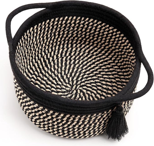 Decorative Small Gift Basket Empty – SweetMemo Cute Woven Rope Organizer Baskets for Desk, Bedside, Bathroom, Key, Round Boho Decor Cotton Bin with tassel, Gift Bag, Ribbon – Rustic Black Brown-CubbioJoy