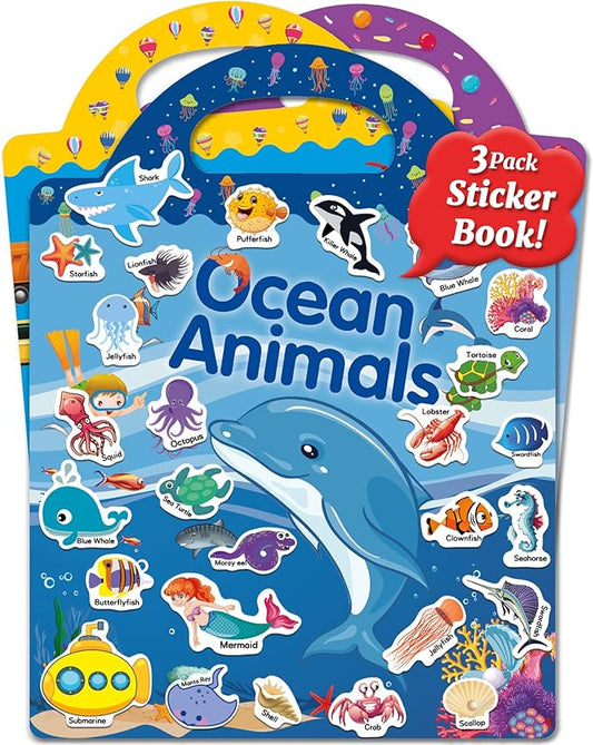 Benresive Reusable Sticker Books for Kids 2-4, Sticker Books for Toddlers 1-3 2-4, Toddler Travel Toys Activities Crafts Gifts - Ocean Animals, Fairy and Vehicle-CubbioJoy