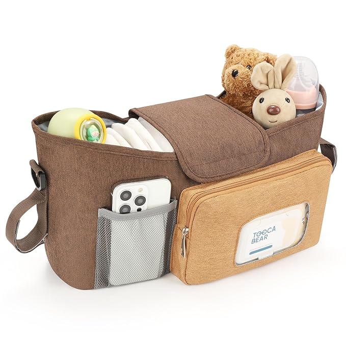 Accmor Universal Stroller Organizer with Insulated Cup Holder, Stroller Caddy Bag Accessories, Stroller Cup Holder Organizer for Uppababy Baby Jogger Britax Stroller, Brown-CubbioJoy