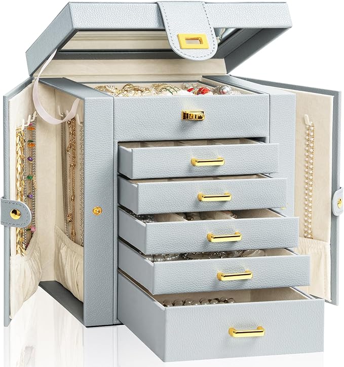 AKOZLIN Functional 6-Tier Jewelry Box Organizer with 5 Drawers Leather Jewelry Storage Case for Women Girls Ring Necklace Earring Bracelet Holder Organizer with Mirror Grey-CubbioJoy