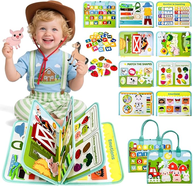 Busy Book for Toddlers 1-3 - Farm Montessori Toys Busy Board for 1 Year Old Boy Girl Gifts Educational Learning Activity Book Toddler Airplane Travel Toy 1+ Years Old Birthday Gift-CubbioJoy