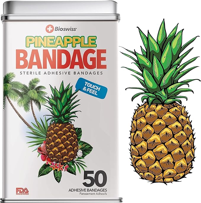 BioSwiss Bandages, Pineapple Shaped Self Adhesive Bandage, Latex Free Sterile Wound Care, Fun First Aid Kit Supplies for Kids, 50 Count-CubbioJoy