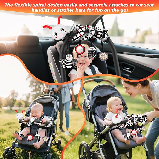 Car Seat Toys for Babies, 0-6 Months Stroller Activity Black White Baby Spiral Plush Toys Newborn High Contrast Sensory Carseat Toys with 4 Pendants Hanging Boys Girls Gift-CubbioJoy