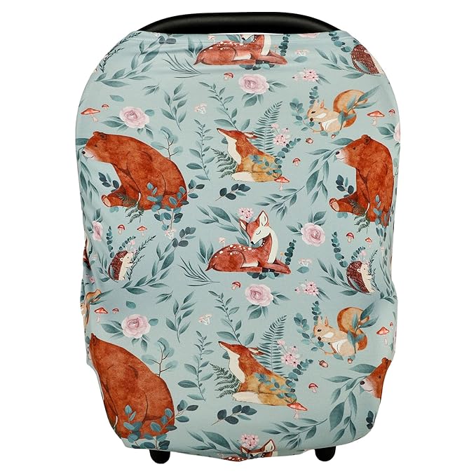 Baby Car Seat Cover, Multi-use Nursing Cover for Breastfeeding, Stretchy Stroller Cover Boys Girls, Stretchy Carseat Canopy, Soft Breathable, Woodland Animal Bear-CubbioJoy