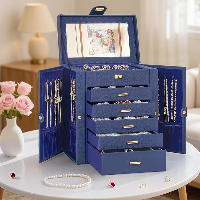 AKOZLIN 6-Tier Jewelry Box Organizer Functional 5 Drawers Leather Jewelry Storage Case for Women Girls Ring Necklace Earring Bracelet Holder Organizer with Mirror Blue-CubbioJoy