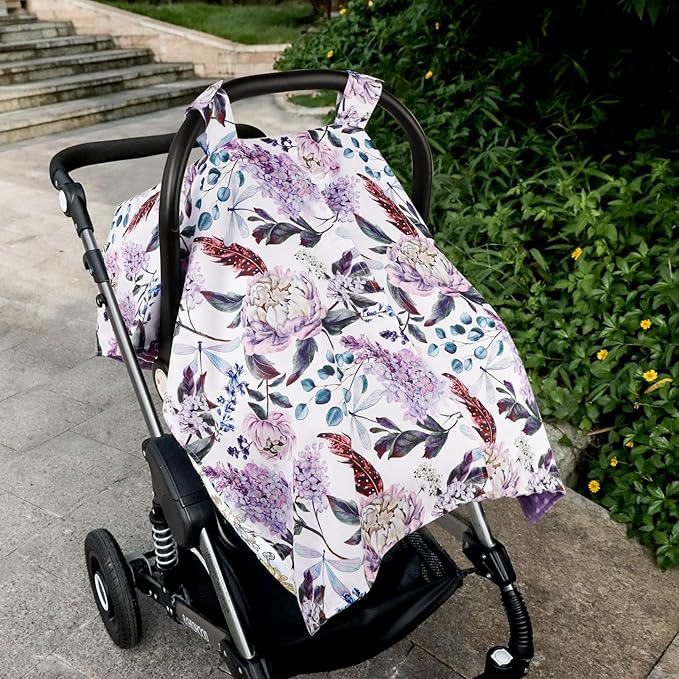 Car Seat Cover Baby, Infant Car Seat Canopy Covers for Newborn Girls Boys, Soft Breathable Mink Carseat Covers Stretchy Multi-Use Nursing Cover for Stroller Baby Car Seat, Purple Flroal-CubbioJoy
