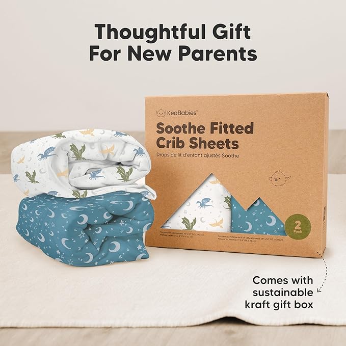 KeaBabies 2-Pack Organic Crib Sheets for Boys, Girls - 52x28 Fitted Crib Mattress Sheet Neutral, Breathable Jersey Cotton Cover for Baby Bed, Toddler Mattress, Soft & Cute Prints (Dragon Tale)-CubbioJoy