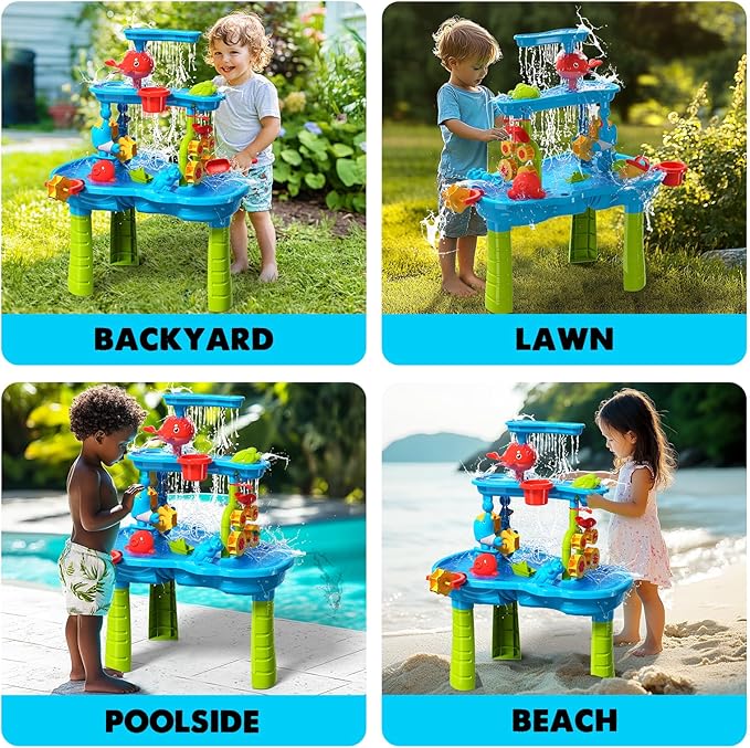 CozyBomB™ Water Table for Toddlers 3-5 | Outdoor Toys Water Play Table, Magnetic Fishing Toy Game, Summer Splash Pond Showers Sand Activity, Sensory Party Birthday Gift Kids Ages 4-8 9-12 (3-Tiers)-CubbioJoy