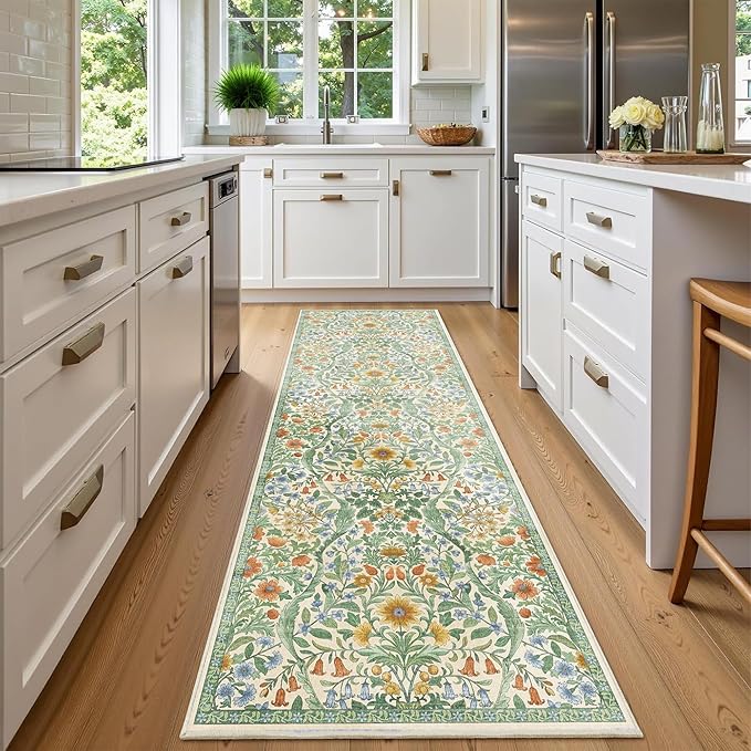 2x6 Washable Runner Rug,Grass Green Floral Boho Area Rug for Hallway,Low-Pile Non-Slip Stain Resistant Carpet for Kitchen, Bedside,Laundry Room,Entryway-CubbioJoy