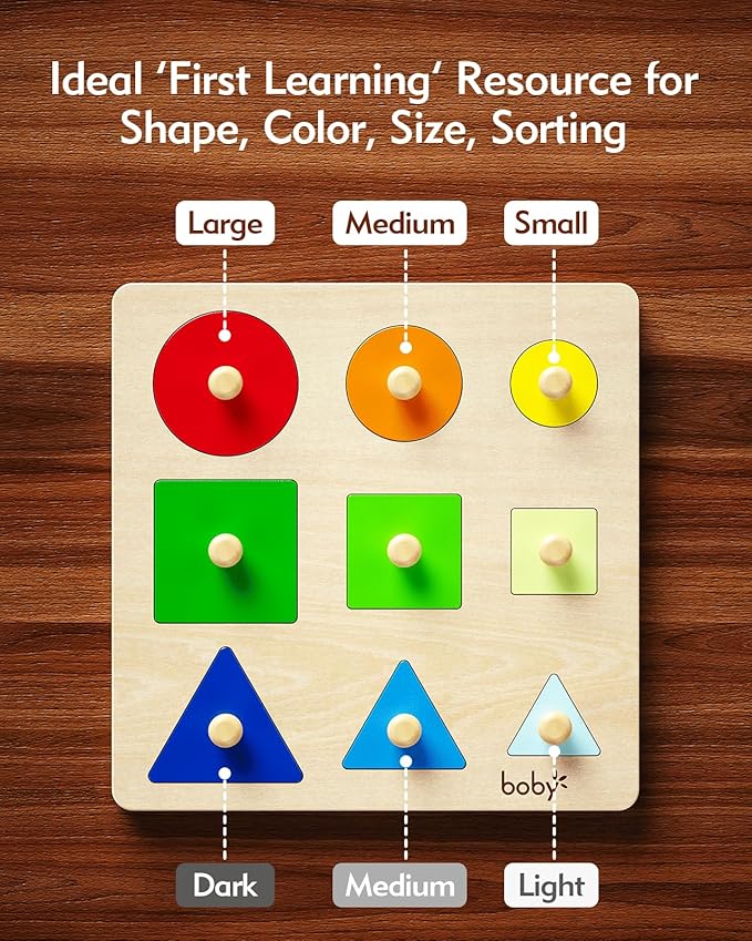 Boby Montessori Puzzles for Babies 12-18-24 Months, Wooden Jumbo Knob Peg Puzzle Shape sorter for Toddlers 1-3 Year Old, Early Learning Sensorial Toys (Shapes & Size Sorting Puzzle)-CubbioJoy