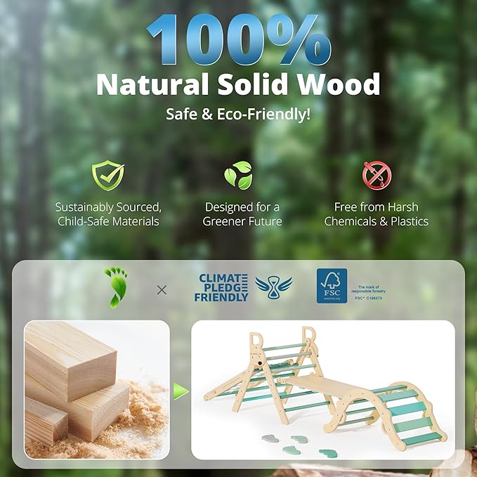 BlueWood 10-in-1 Pikler Triangle Set, Toddler Climbing Toys Indoor, Montessori Climber, Baby Jungle Gyms with Arch, Extra Rope Ladder & Footprint Balance Beam - Emerald Forest-CubbioJoy