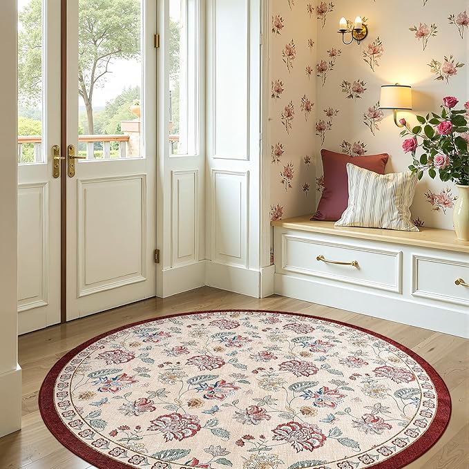 jinchan 6ft Floral Round Rug for Dining Room Washable Living Room Rug Vintage Romance Design Non Slip Indoor Floor Cover Lightweight Low-Profile Throw Carpet for Bedroom Porch Patio, Red/Beige-CubbioJoy