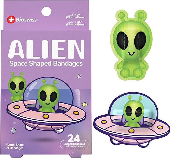 BioSwiss Bandages, Halloween Alien Shaped Self Adhesive Bandage, Latex Free Sterile Wound Care, Fun First Aid Kit Supplies for Kids, 24 Count-CubbioJoy