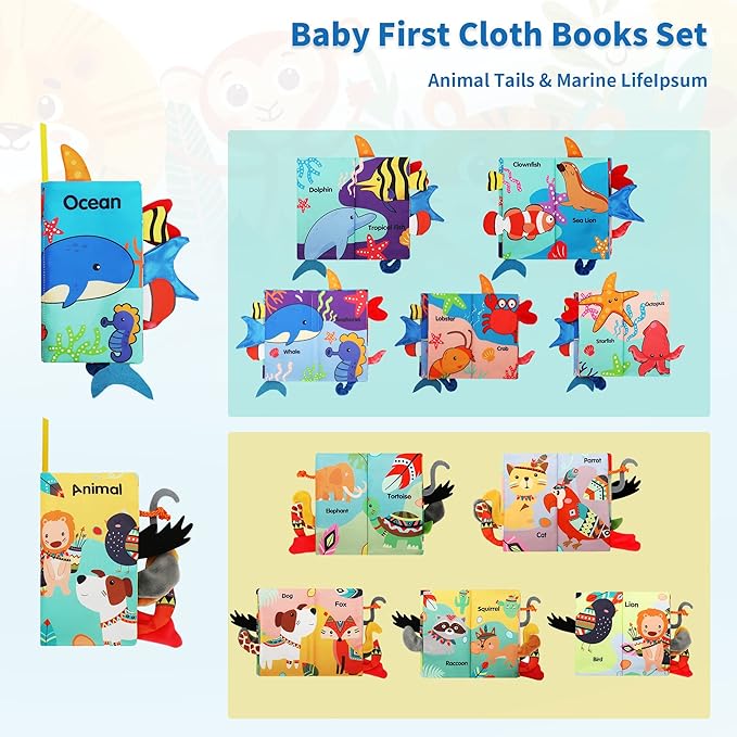 BARMACO Baby Soft Books, Touch and Feel Crinkle Cloth Books for Babies, Infants & Toddlers, Learning Toys Gifts for Boys & Girls, Early Development Interactive Sensory Toys, Ocean Animal Tails Books-CubbioJoy