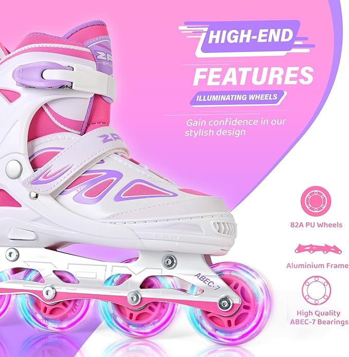 2PM SPORTS Vinal Girls Adjustable Flashing Inline Skates, All Wheels Light Up, Fun Illuminating Skates for Kids Men Adult Women and Boys-CubbioJoy