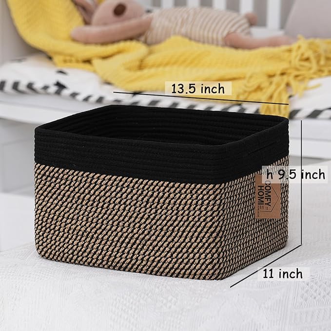 COMFY-HOMI Cotton Rope Woven Basket with Handles for Shelves,Toys,Book, Cloth Storage Baskets Bin for Organizing-13.5"x11"x9.5" Toy Decorative Organizer for Living Room, Bathroom-Black/Jute-CubbioJoy